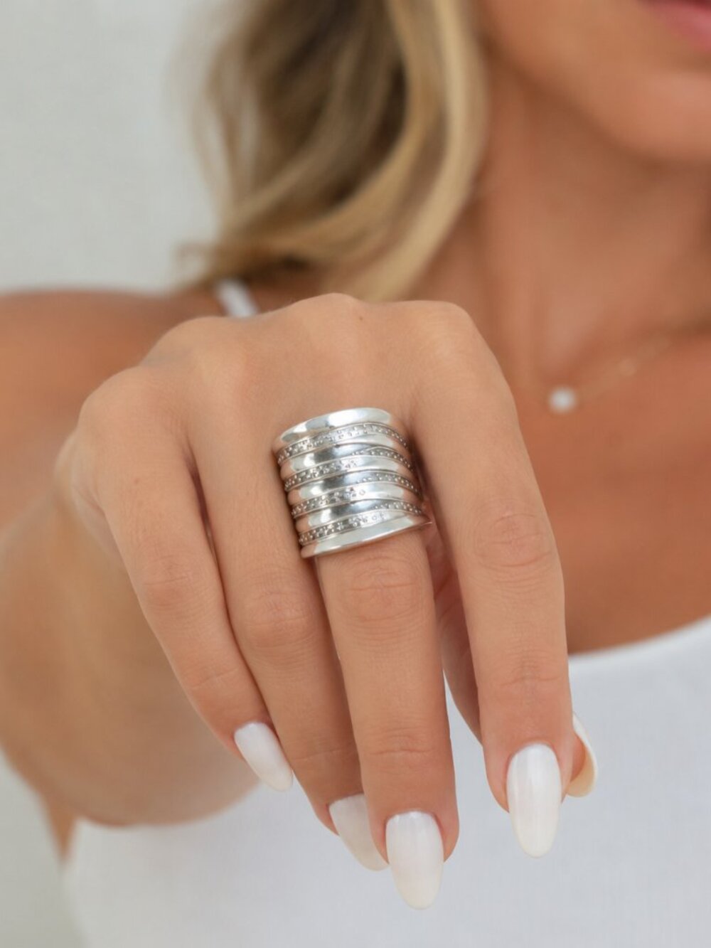 Lia Sophia Revved Up Silver‎ Tone Multi Band Ring Crystal Accents Statement Bold